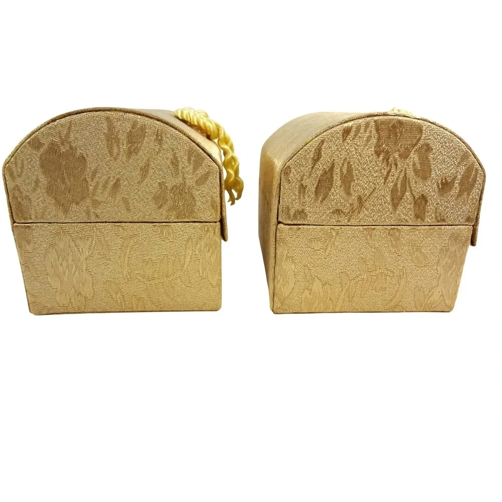 Vintage Gold Brocade‎ Jewelry Box Set of 2 Domed Tassel Trinket Chests Champagne